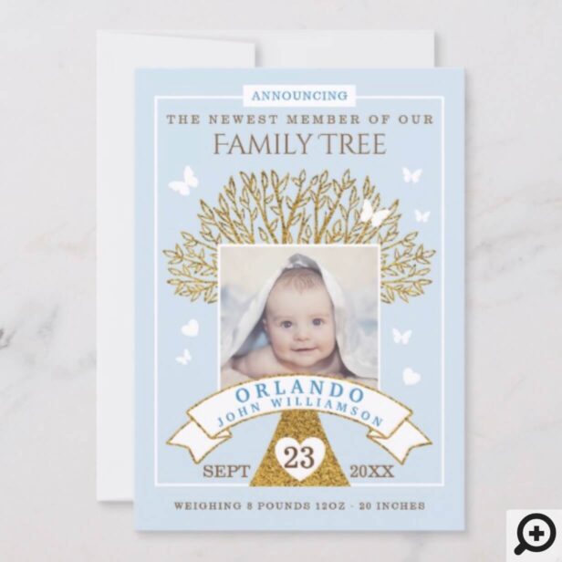 Baby Birth Announcement | Blue & Gold Family Tree