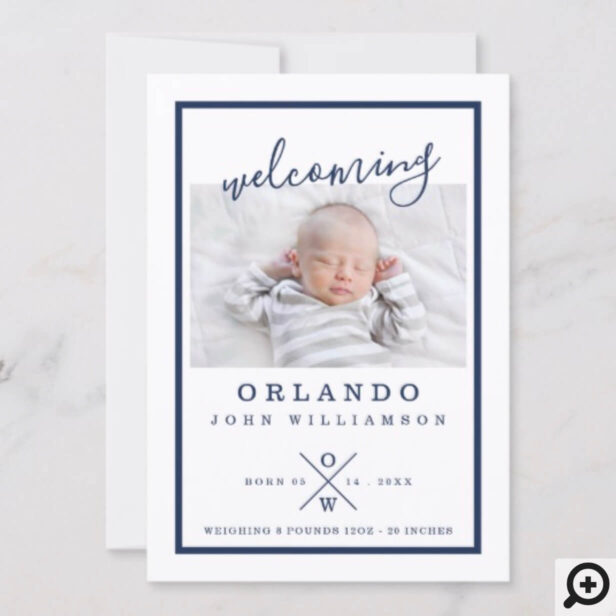 Baby Birth Announcement Card - Modern Navy & White