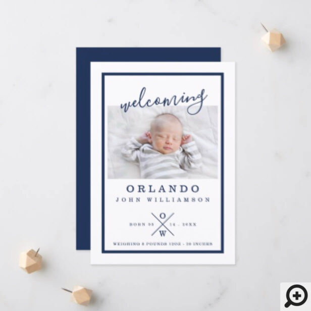 Baby Birth Announcement Card - Modern Navy & White