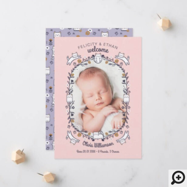 Floral Sweet Little kitty Cat Birth Announcement