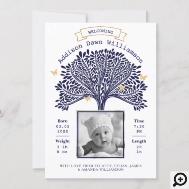 Navy Blue Family Tree Baby Birth Announcement