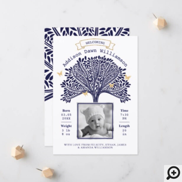 Navy Blue Family Tree Baby Birth Announcement