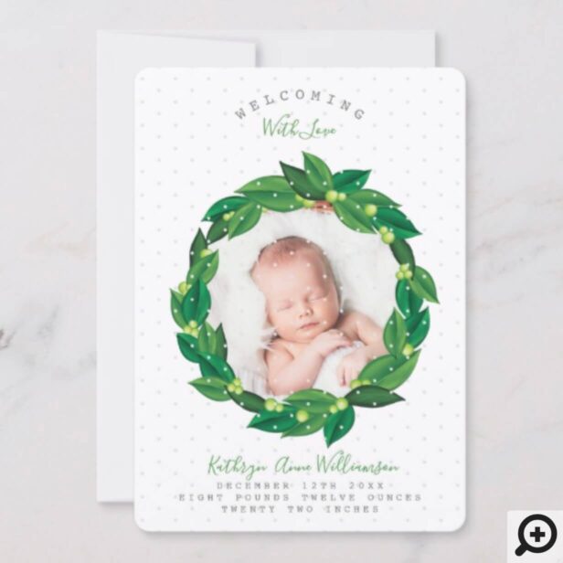 Green Watercolor Foliage Wreath Birth Announcement