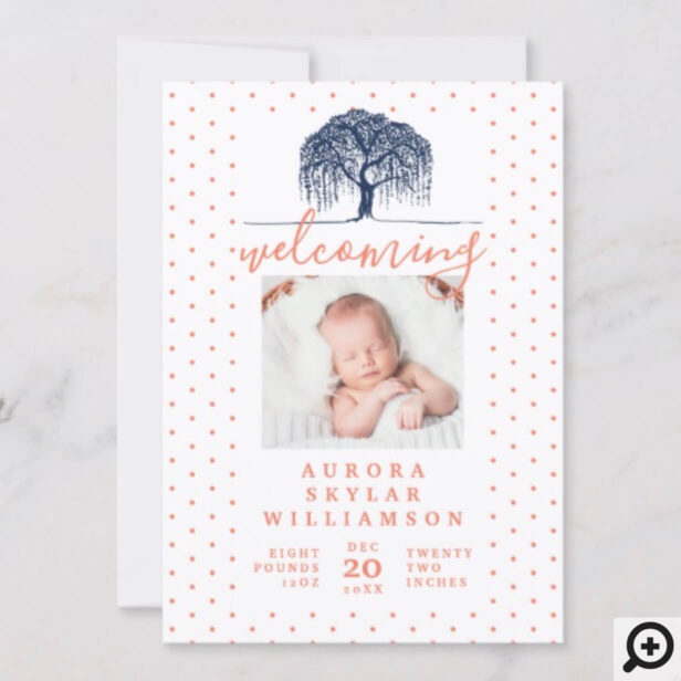 Navy & Peach Willow Family Tree Birth Announcement