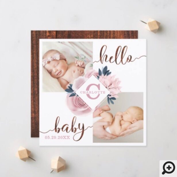 Blossom Pink Rose Floral Birth Announcement Card