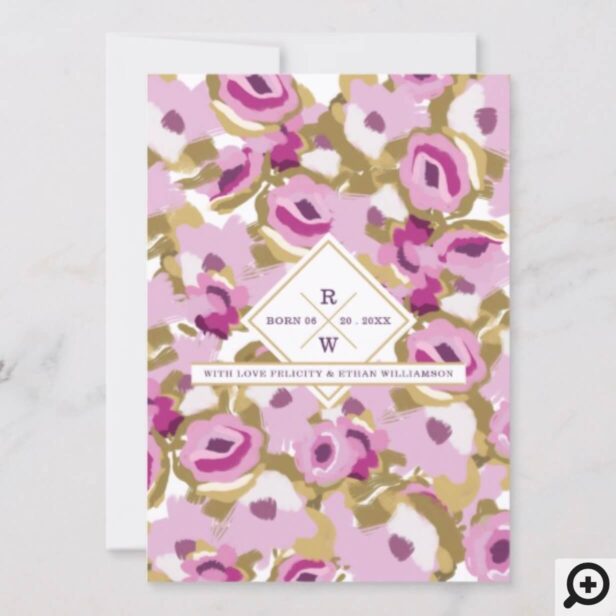 Chic Pink Rose Floral Baby Birth Announcement Card