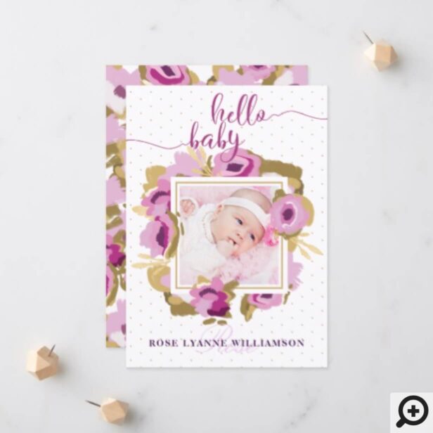 Chic Pink Rose Floral Baby Birth Announcement Card