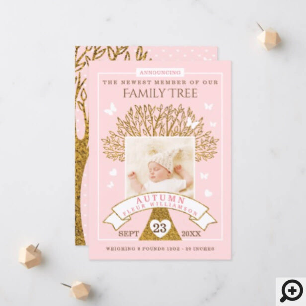Baby Birth Announcement | Pink & Gold Family Tree