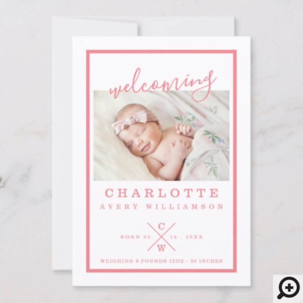 Baby Birth Announcement Card - Modern Pink & White