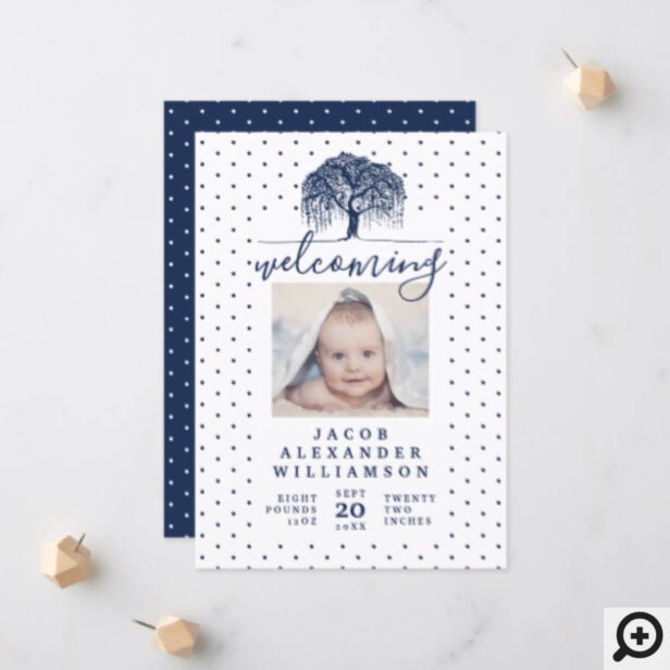 Navy Willow Family Tree Baby Birth Announcement