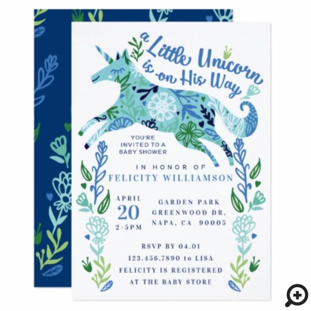 Magical Floral Unicorn Baby Boy Shower Invitation