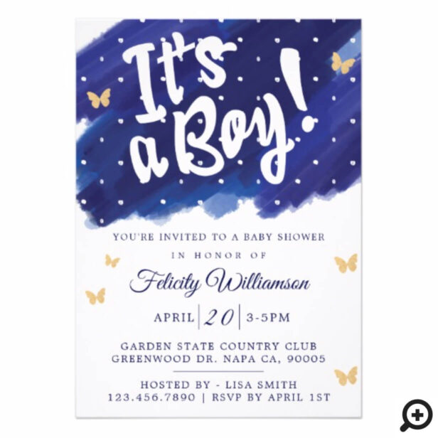 It's a Boy Navy & Gold Watercolour Baby Shower Invitation