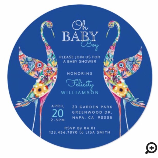 Floral Botanical Stork Baby Boy Shower Invitation