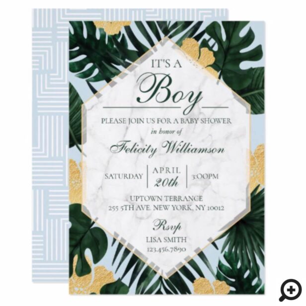 Tropical Leaves Marble Blue Baby Shower Invitation