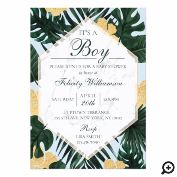 Tropical Leaves Marble Blue Baby Shower Invitation