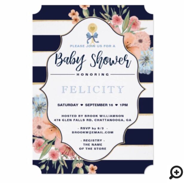 Baby Boy Shower Invite Florals & Navy Stripes