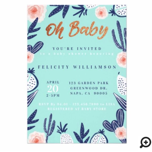 Oh Baby Floral Cactus Baby Boy Shower Invitation