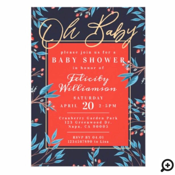 Navy Red Cranberry Floral Botanical Baby Shower Invitation
