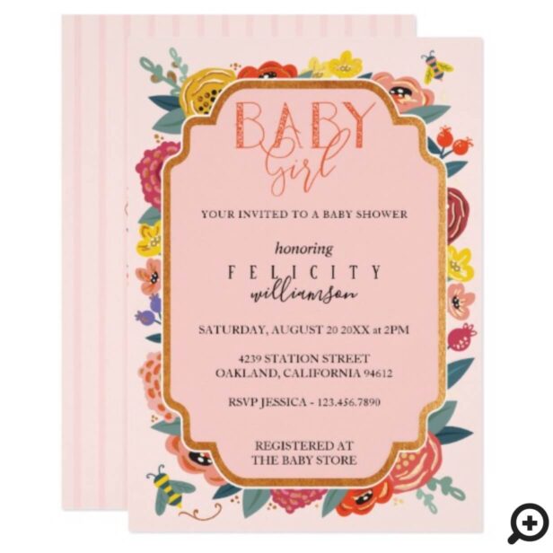 Floral Wildflowers & Honey Bee Baby Girl Shower Invitation