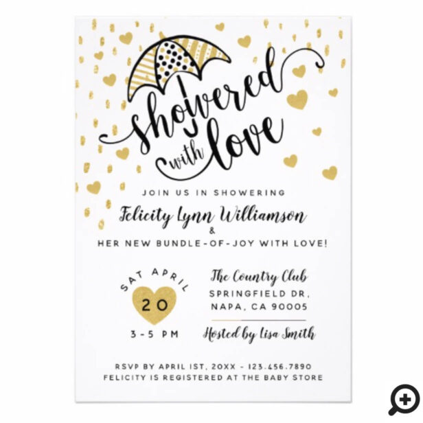 Modern Black Gold Umbrella Baby Shower Invitation