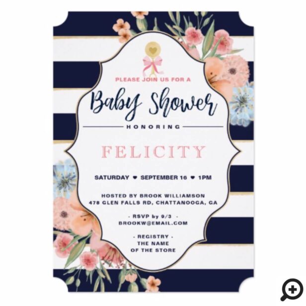 Baby Girl Shower Invite Florals & Navy Stripes