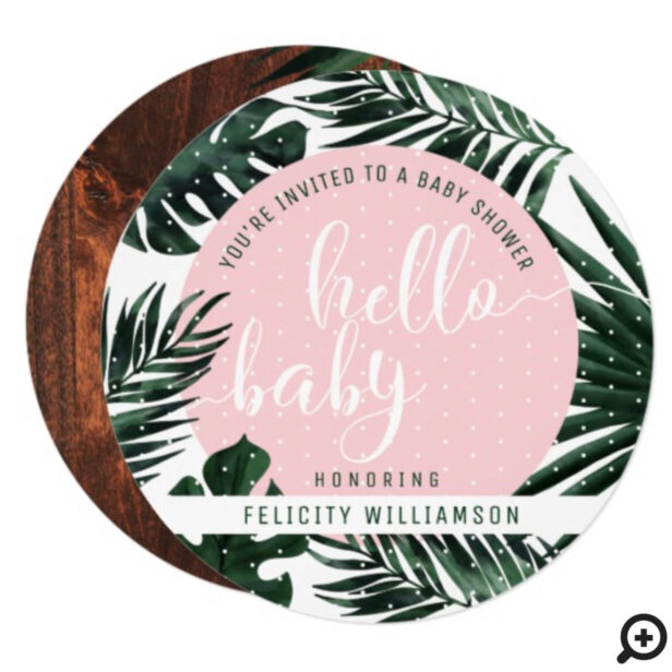 Tropical Palm Tree Leaves & Wood Girl Baby Shower Invitation