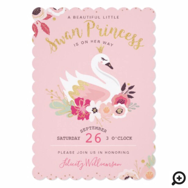 Swan Princess Florals & Greenery Girl Baby Shower Invitation
