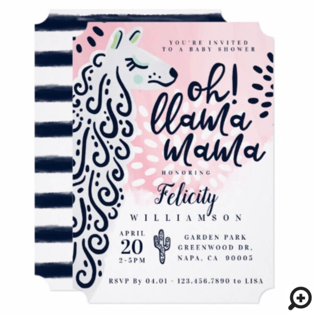 Chic Llama Mama & Stripes It's A Girl Baby Shower Invitation