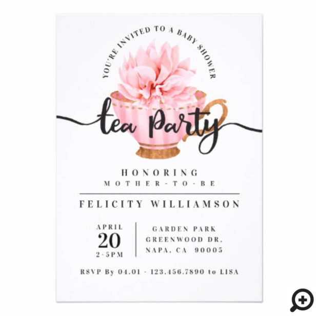Chic Pink Teacup Tea Party Baby Shower Invitation