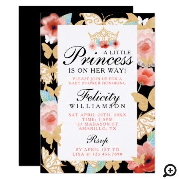 Butterfly Royal Floral Crown Black Gold Invitation