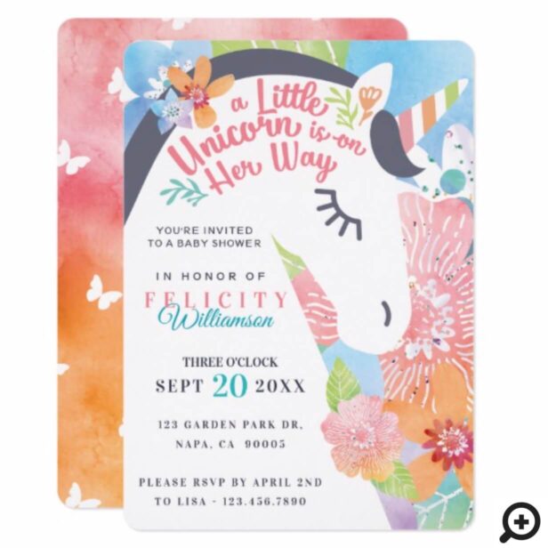 Magical Floral Unicorn Baby Girl Shower Invitation