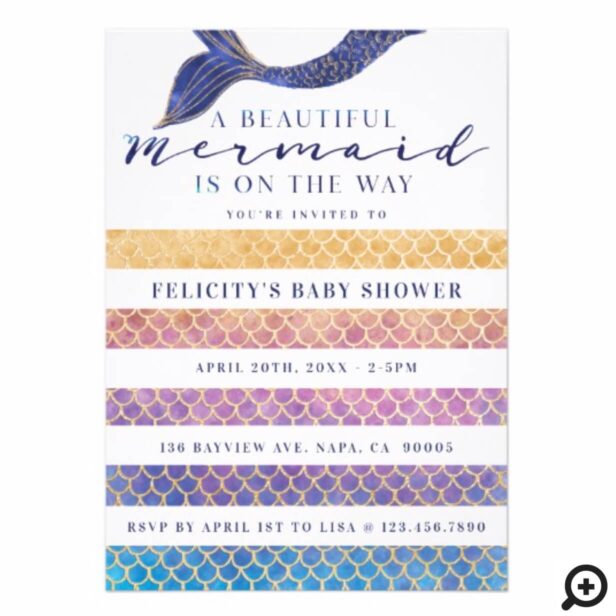 Rainbow + Gold Mermaid Scales & Stipe Baby Shower Invitation