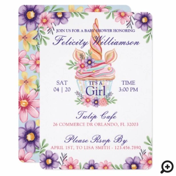 Cute Floral Unicorn Cupcake Baby Shower Invitation