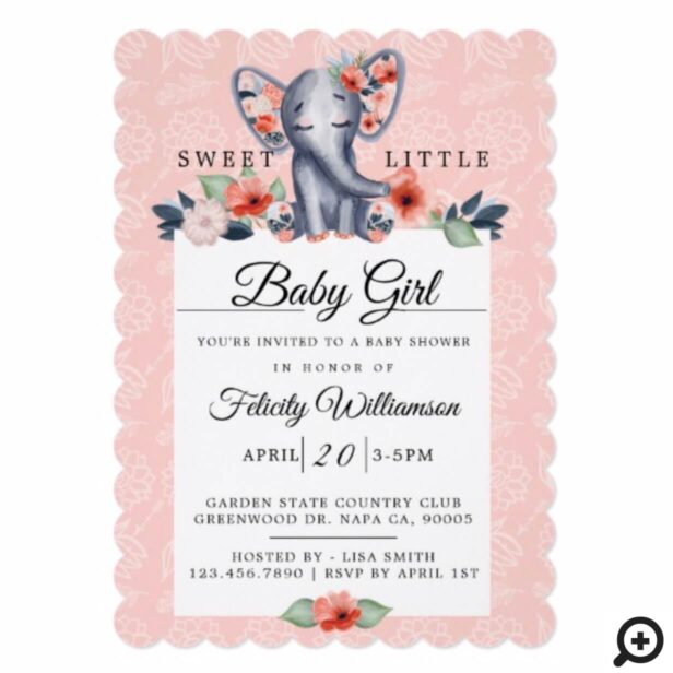 Baby Girl Floral Elephant Baby Shower Invitation
