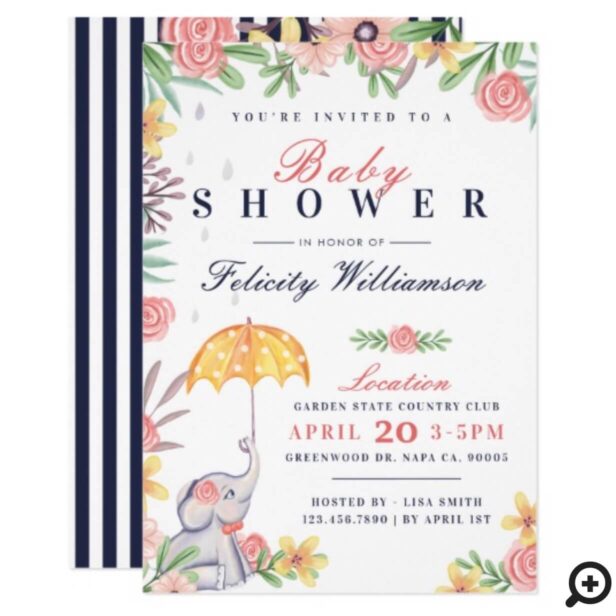 Baby Girl Elephant Umbrella Baby Shower Invitation