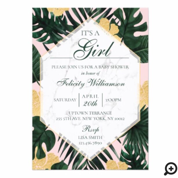 Tropical Leaves Marble Pink Baby Shower Invitation