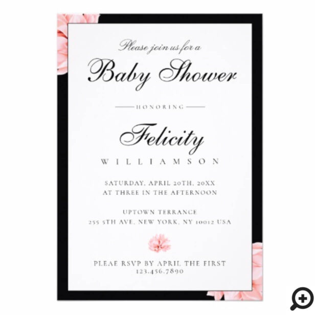 Sleek Black White Polka Dots Floral Baby Shower Invitation