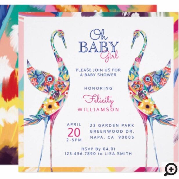 Floral Botanical Stork Baby Girl Shower Invitation