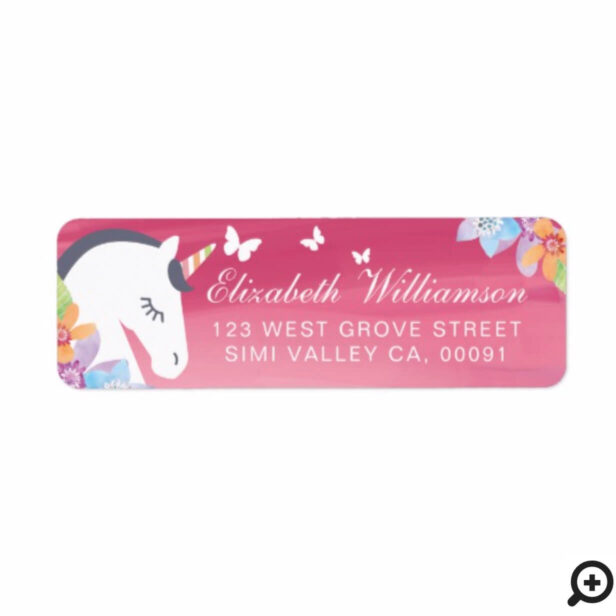 Rose Pink Magical Unicorn Butterfly Florals Label