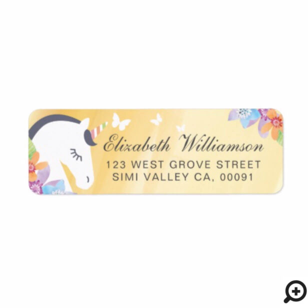 Yellow Whimsical Magical Unicorn Butterfly Florals Label