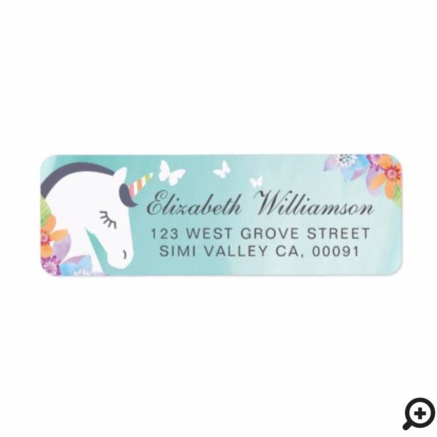 Teal Whimsical Magical Unicorn Butterfly & Florals Label