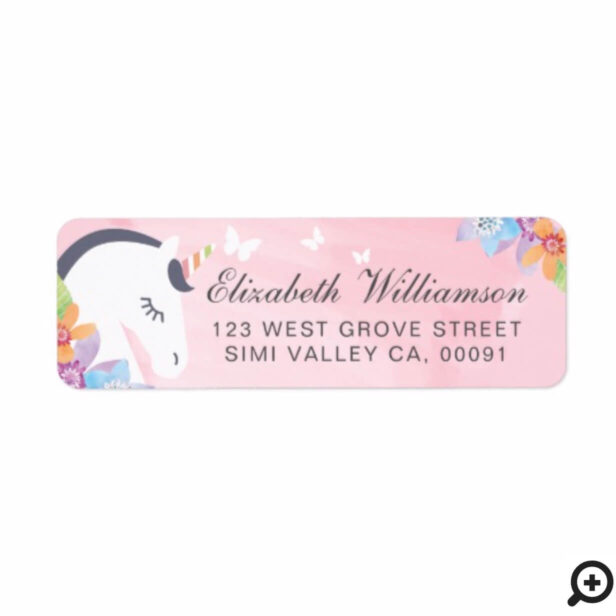 Pink Whimsical Magical Unicorn Butterfly & Florals Label