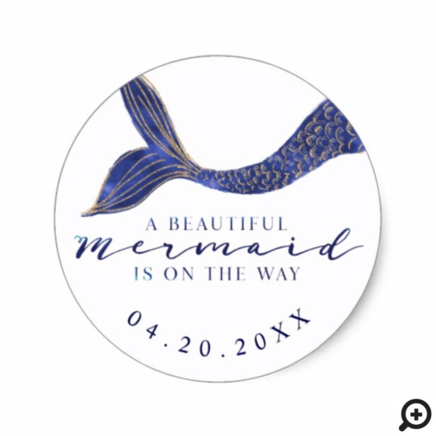 Classy Navy & Gold Watercolor Mermaid Baby Shower Classic Round Sticker