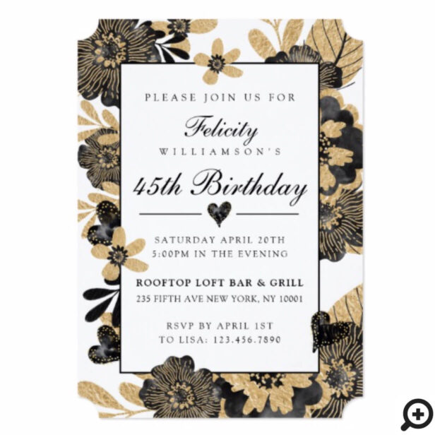 Classy Chic Floral Black Gold Birthday Invitation