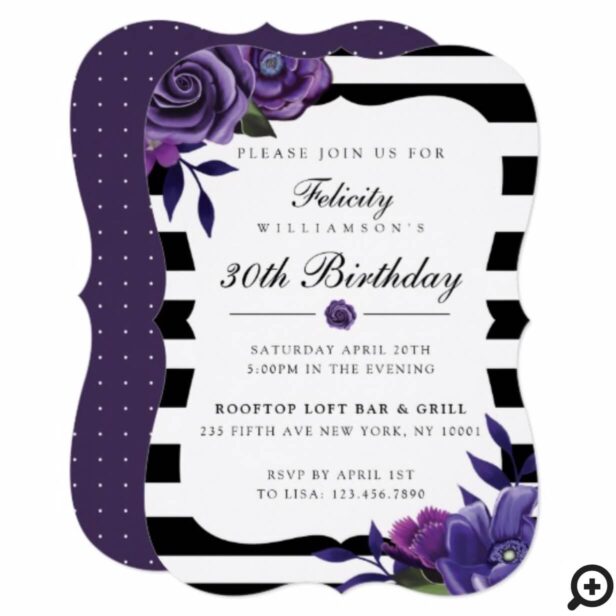 Violet Florals & Black Stripes Birthday Invitation