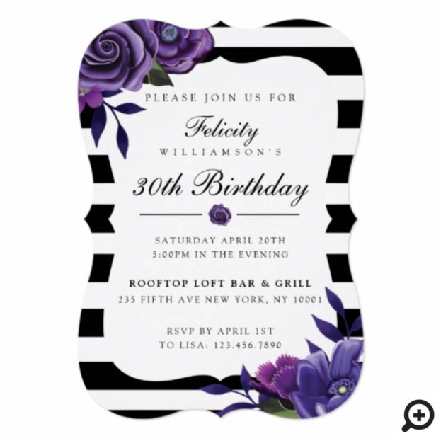 Violet Florals & Black Stripes Birthday Invitation