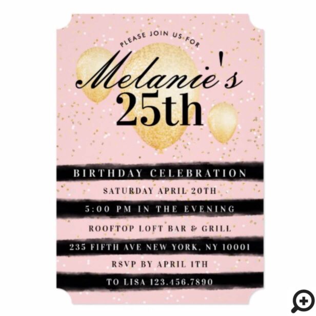 Stripe Black Pink Gold Balloon Birthday Invitation