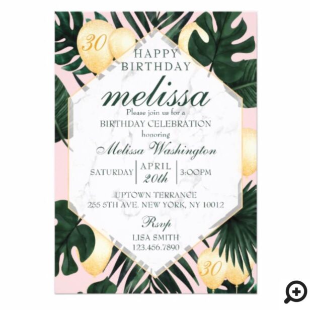 Tropical leaf marble pink gold birthday invitation