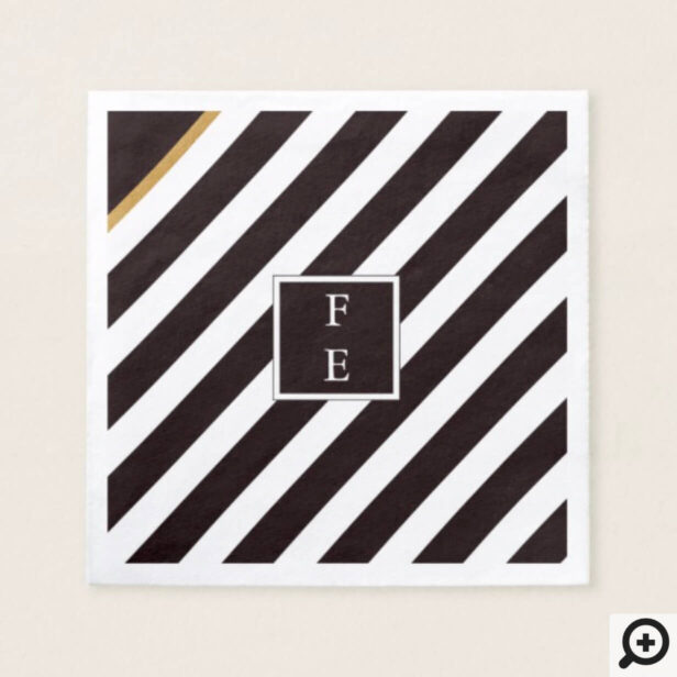 Elegant Black White & Gold Stripe Monogram Napkin