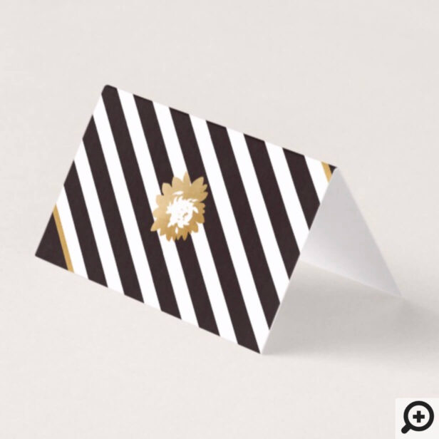 Elegant Black White Gold Stripe Wedding Place Card